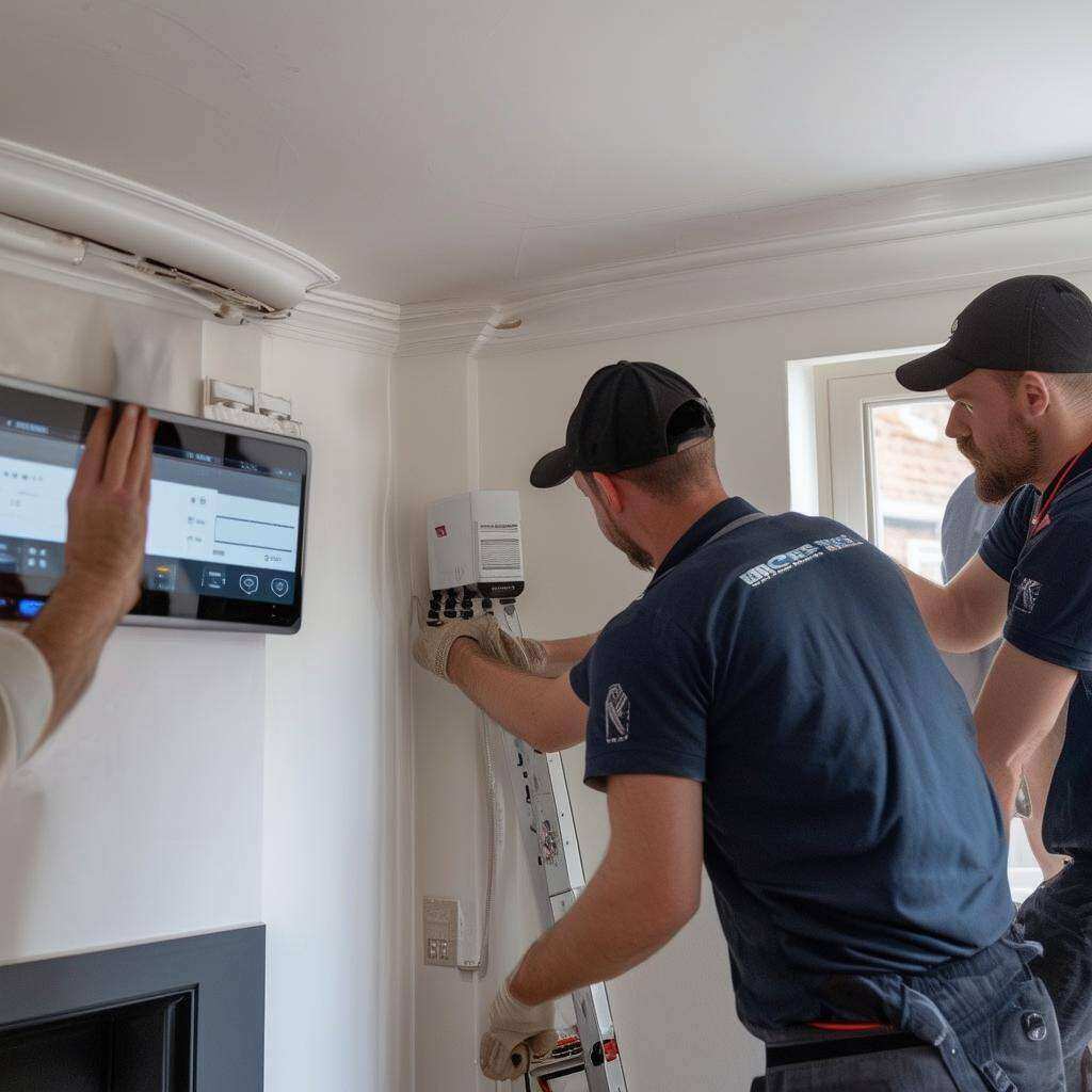 An image of a professional alarm system being installed in a home in London, with a team of technicians setting up the stateoftheart system for added-1